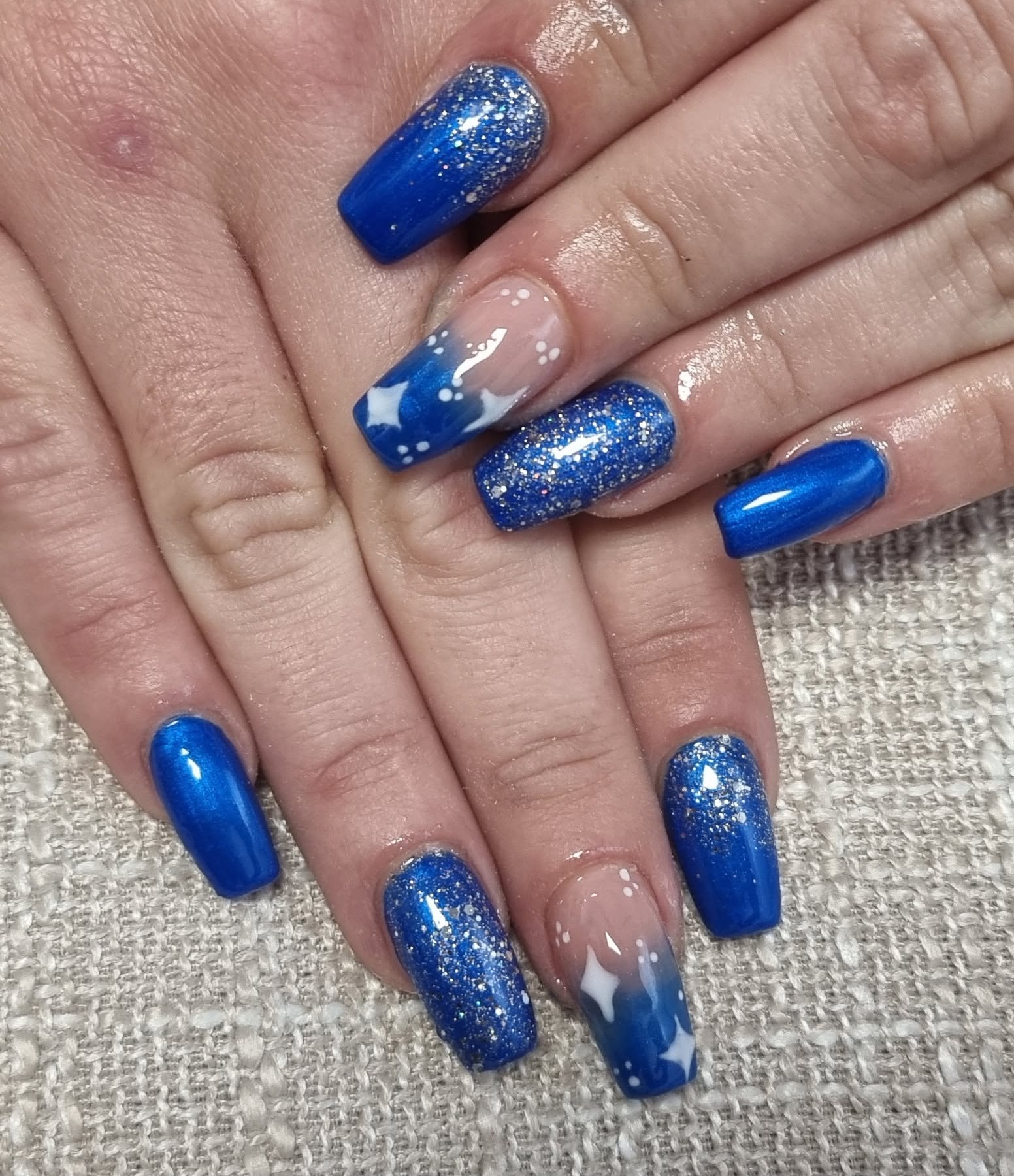 Royal Blue Glitter Ombre Coffin Nails with Star Art