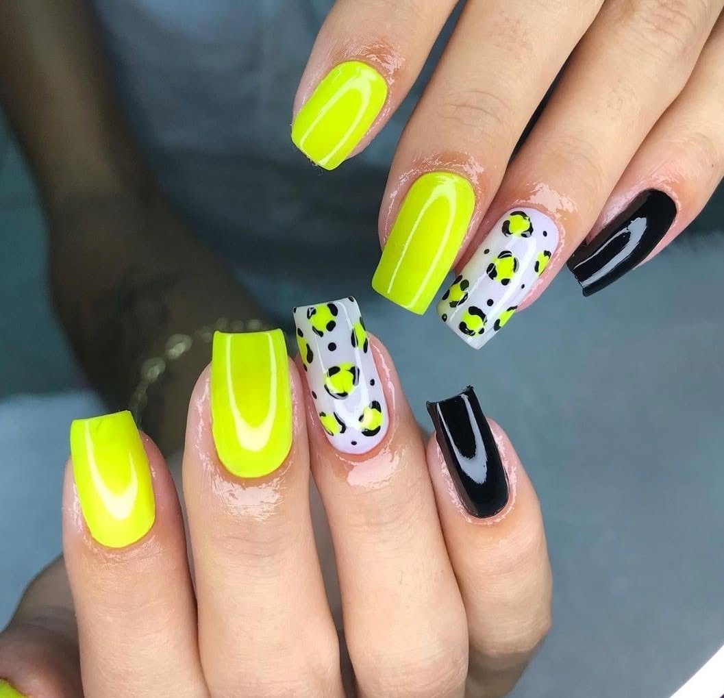 Neon Yellow and Black Leopard Print Gel Nails
